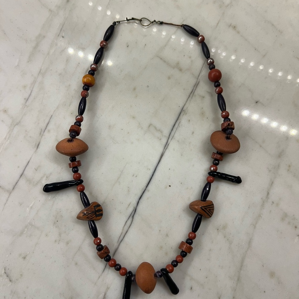 Handcrafted Beaded Necklace-Black & Brown stone of clay and stone-unique marking